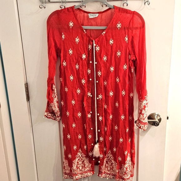 Chinyere Ruby Red Embroidered Tunic/Cardigan with White Accents - Picture 1 of 9